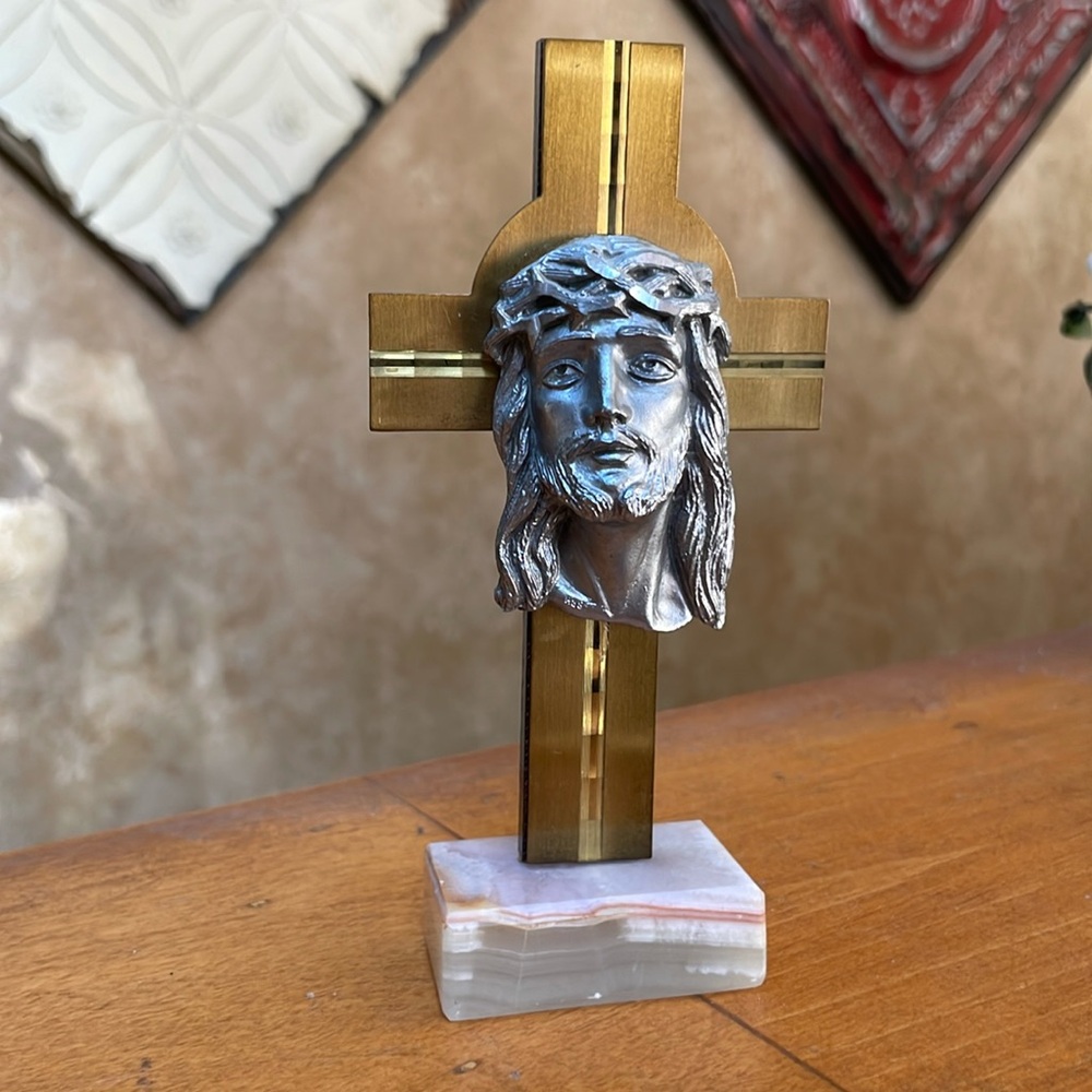 Pewter and Wood Cross with Jesus and Crown of Thorns